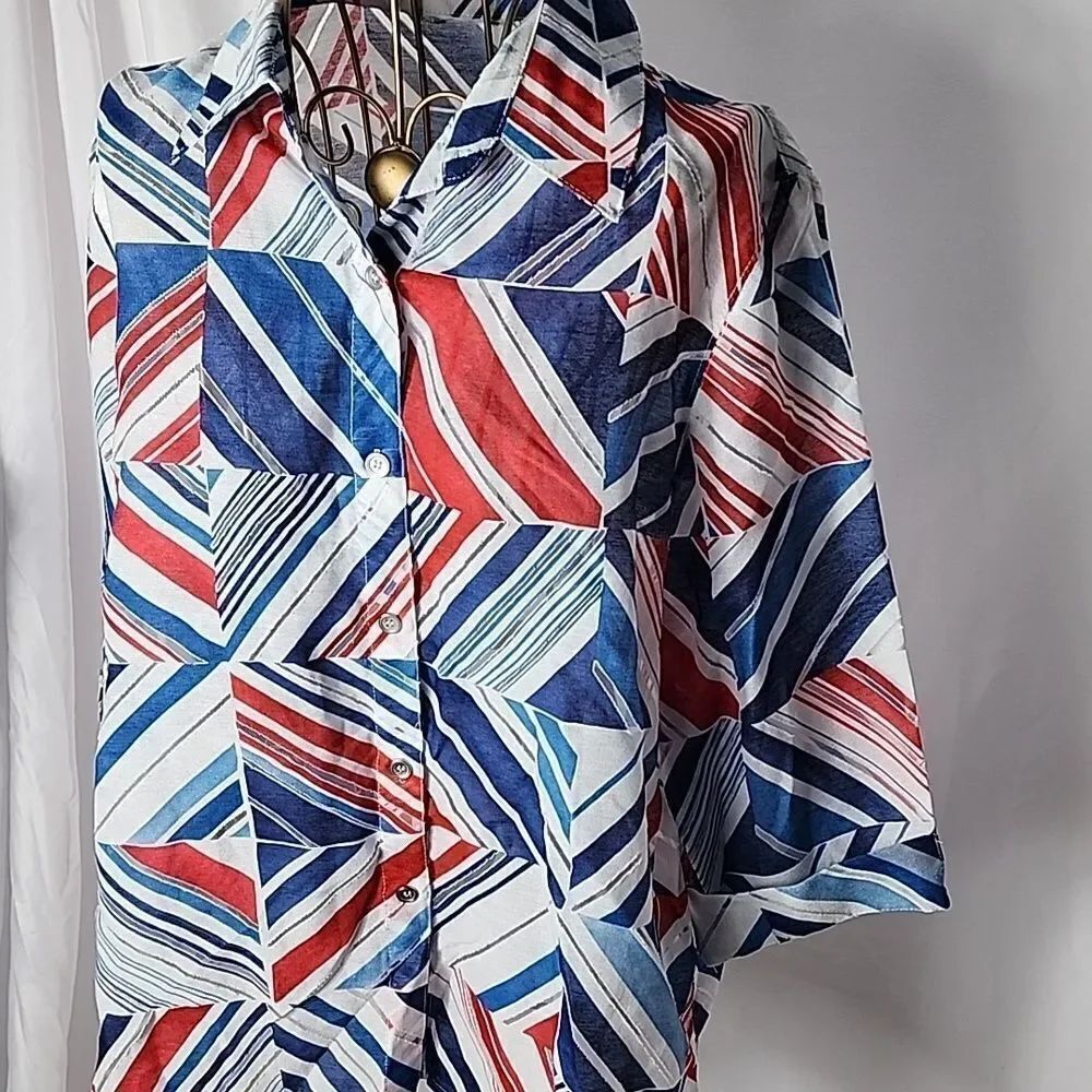 Americana Patriotic Sheer Red White Blue Button Up Collared Shirt Size 10